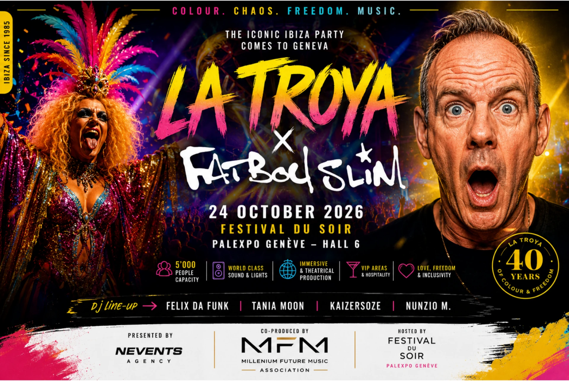 Affiche officielle La Troya avec Fatboy Slim, le 24 octobre 2026 au Festival du Soir à Palexpo Genève